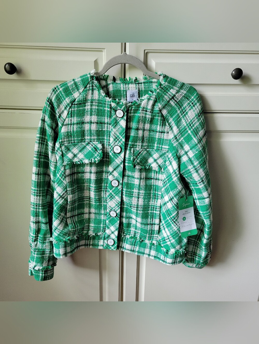 NWT Cabi Sophia Green Check Liberty Tweed Lady  Jacket.  Size Meduim